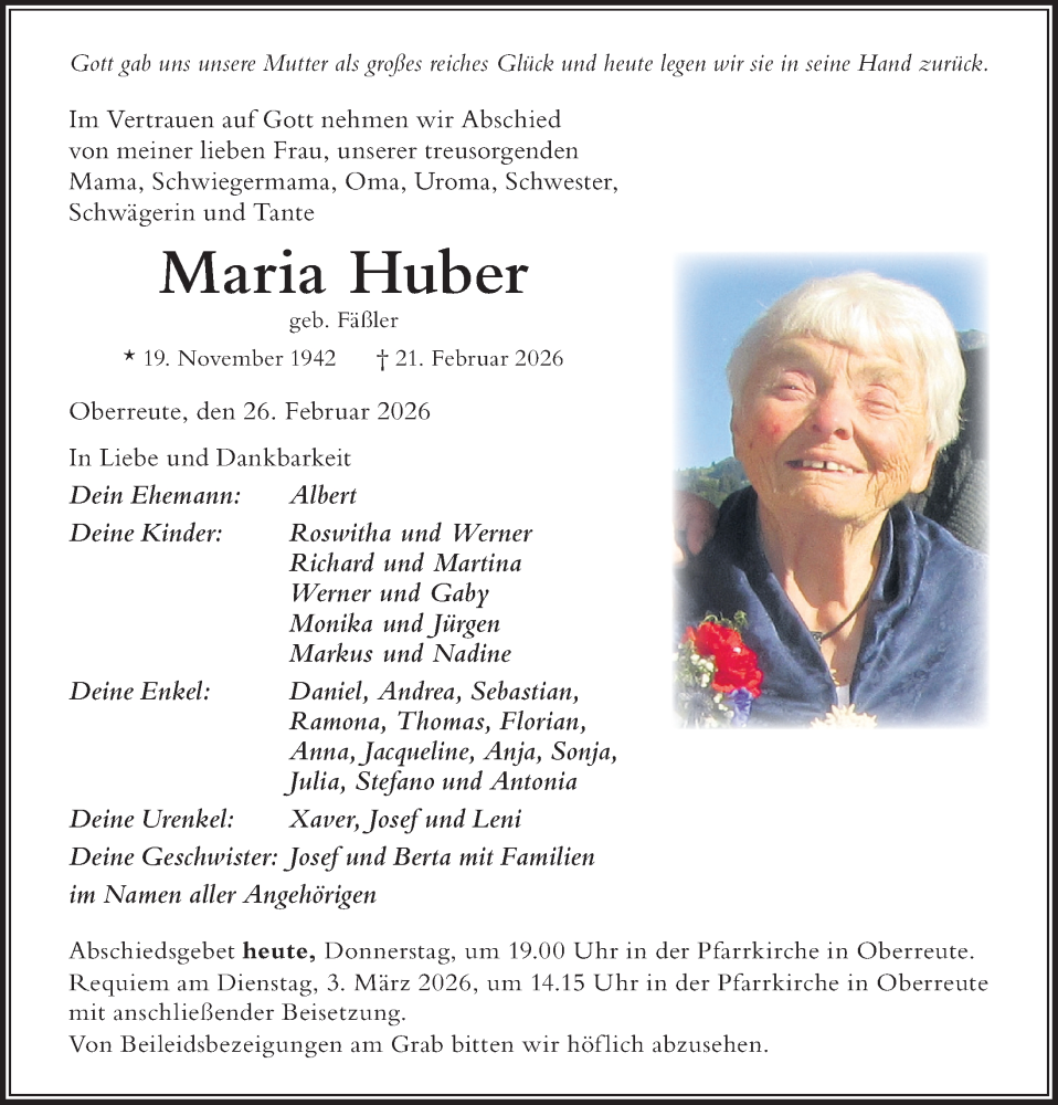 Traueranzeige von Maria Huber von Der Westallgäuer