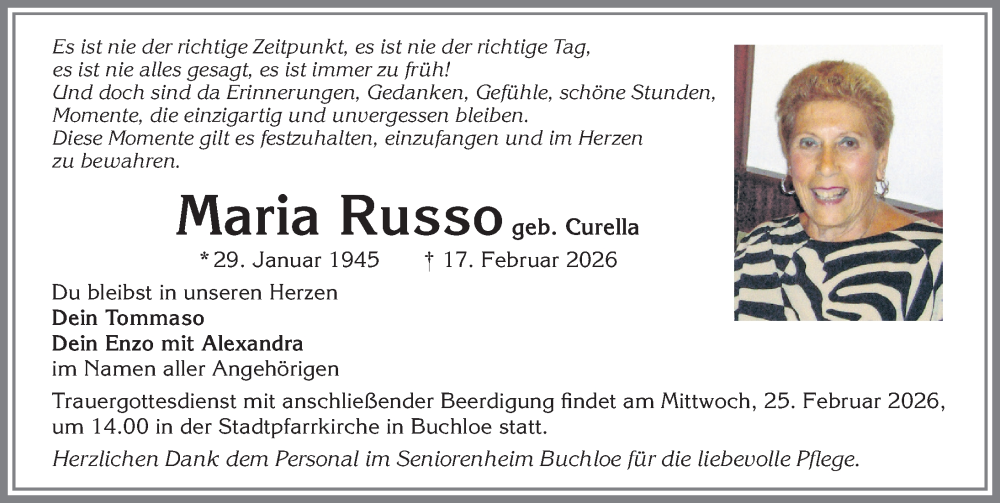 Traueranzeige von Maria Russo von Allgäuer Zeitung, Kaufbeuren/Buchloe