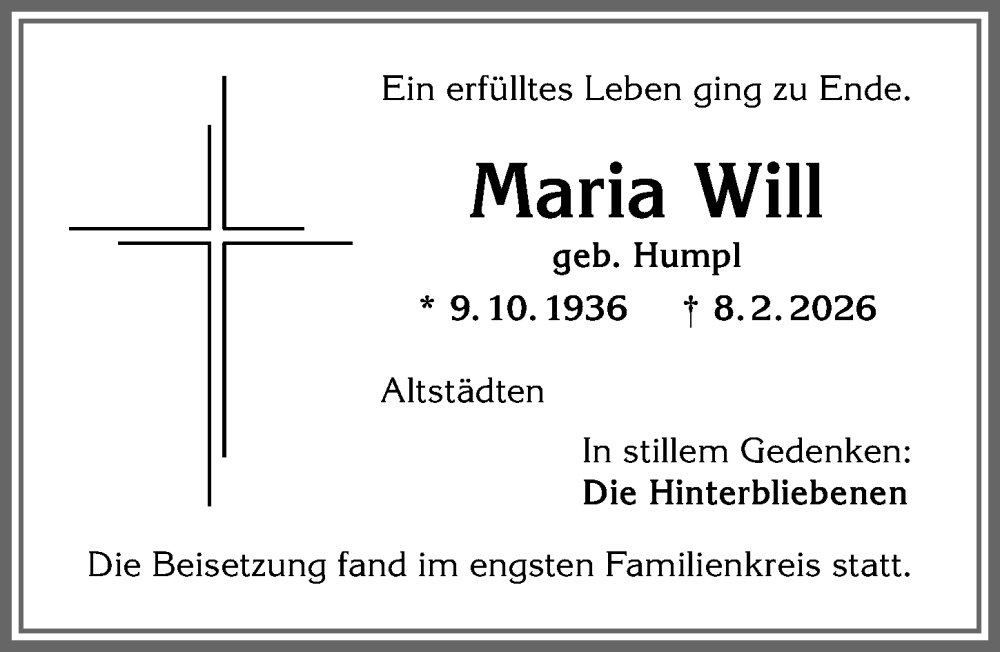 Traueranzeige von Maria Will von Allgäuer Anzeigeblatt