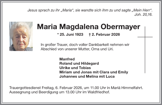 Traueranzeige von Maria Magdalena Obermayer von Memminger Zeitung