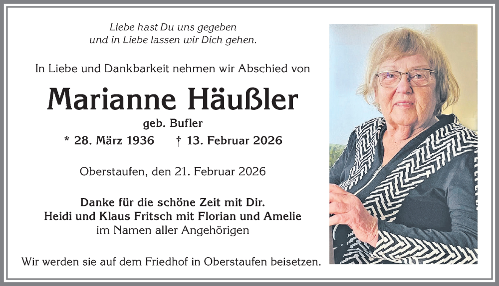 Traueranzeige von Marianne Häußler von Allgäuer Anzeigeblatt