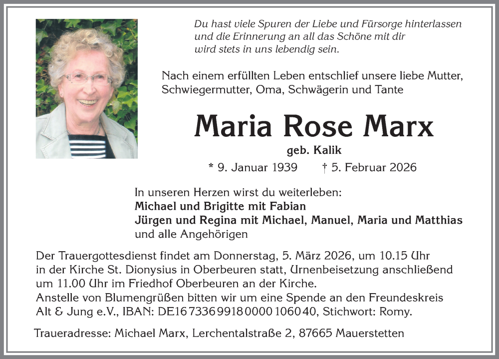 Traueranzeige von Maria Rose Marx von Allgäuer Zeitung, Kaufbeuren/Buchloe