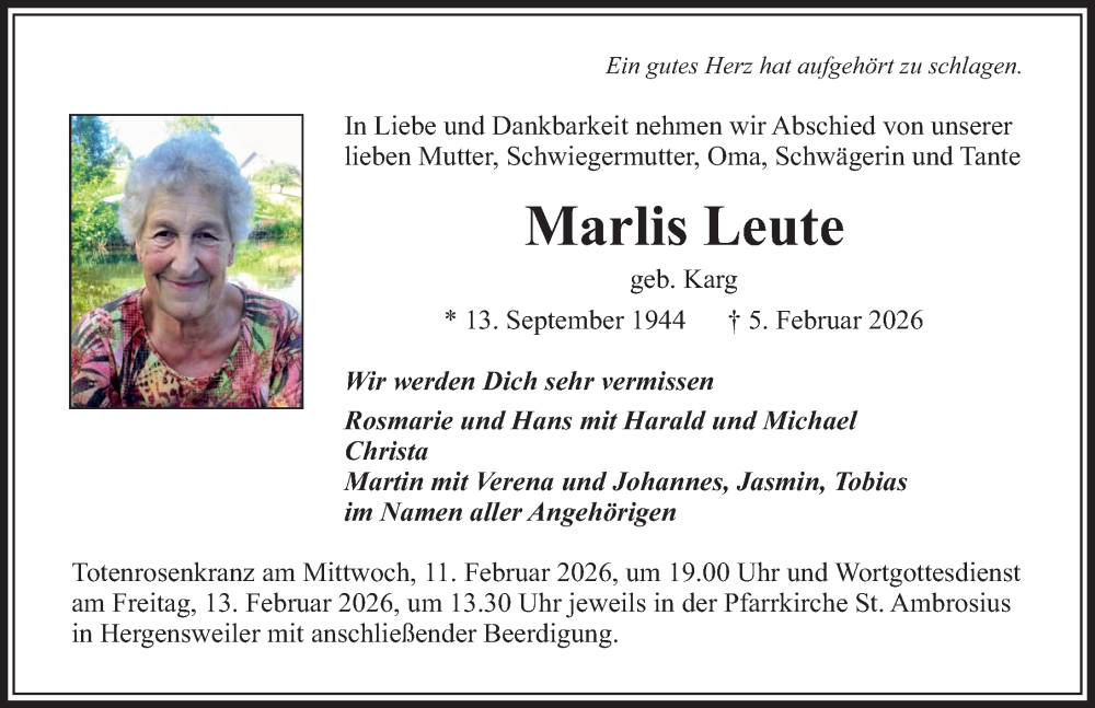 Traueranzeige von Marlis Leute von Der Westallgäuer