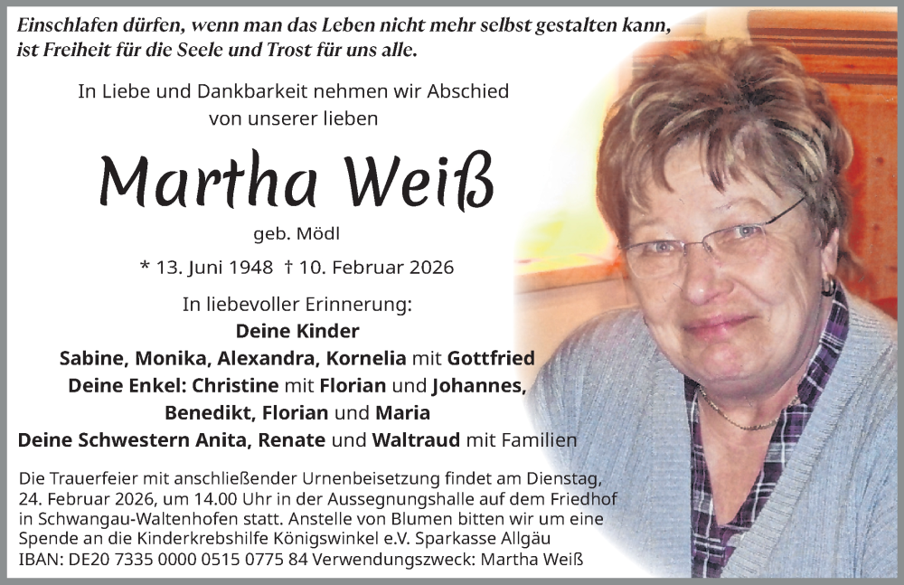 Traueranzeige von Martha Weiß von Allgäuer Zeitung, Füssen