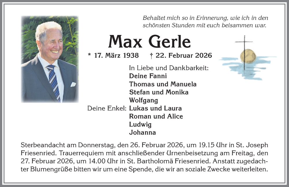 Traueranzeige von Max Gerle von Allgäuer Zeitung, Kaufbeuren/Buchloe