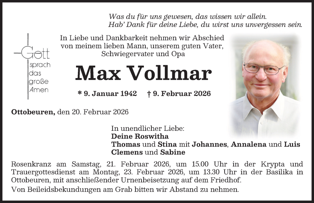 Traueranzeige von Max Vollmar von Memminger Zeitung
