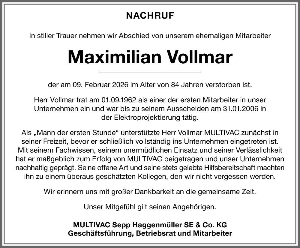 Traueranzeige von Maximilian Vollmar von Memminger Zeitung