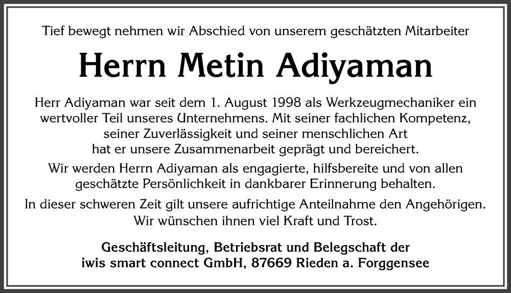 Traueranzeige von Metin Adiyaman von Allgäuer Zeitung, Füssen