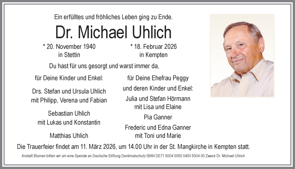 Traueranzeige von Michael Uhlich von Allgäuer Zeitung,Kempten