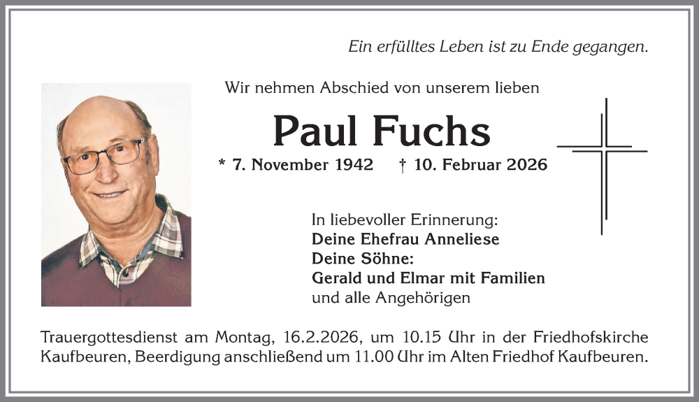 Traueranzeige von Paul Fuchs von Allgäuer Zeitung, Kaufbeuren/Buchloe