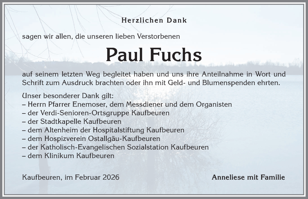 Traueranzeige von Paul Fuchs von Allgäuer Zeitung, Kaufbeuren/Buchloe