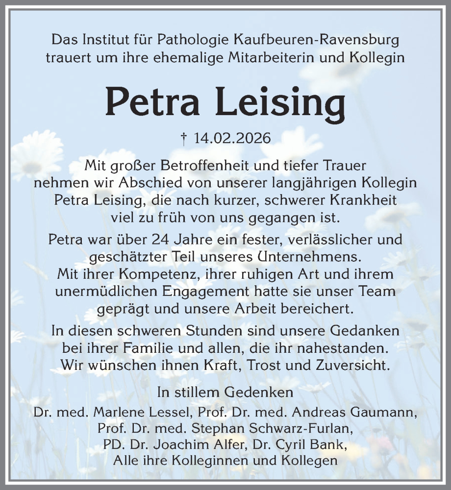Traueranzeige von Petra Leising von Allgäuer Zeitung, Kaufbeuren/Buchloe