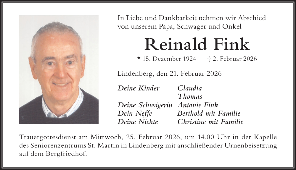 Traueranzeige von Reinald Fink von Der Westallgäuer