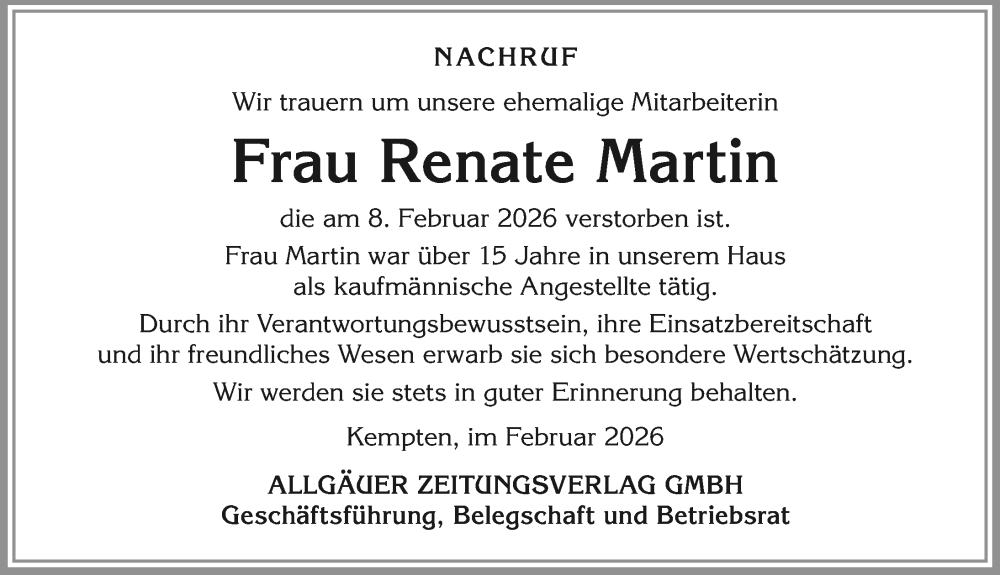 Traueranzeige von Renate Martin von Memminger Zeitung