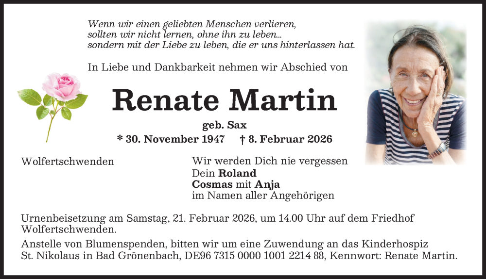 Traueranzeige von Renate Martin von Memminger Zeitung