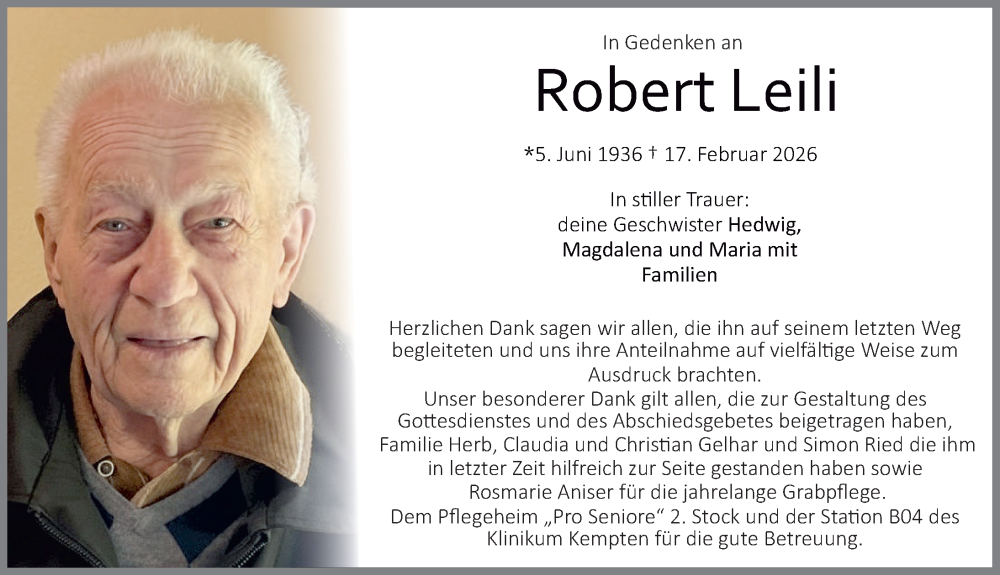 Traueranzeige von Robert Leili von Allgäuer Zeitung,Kempten