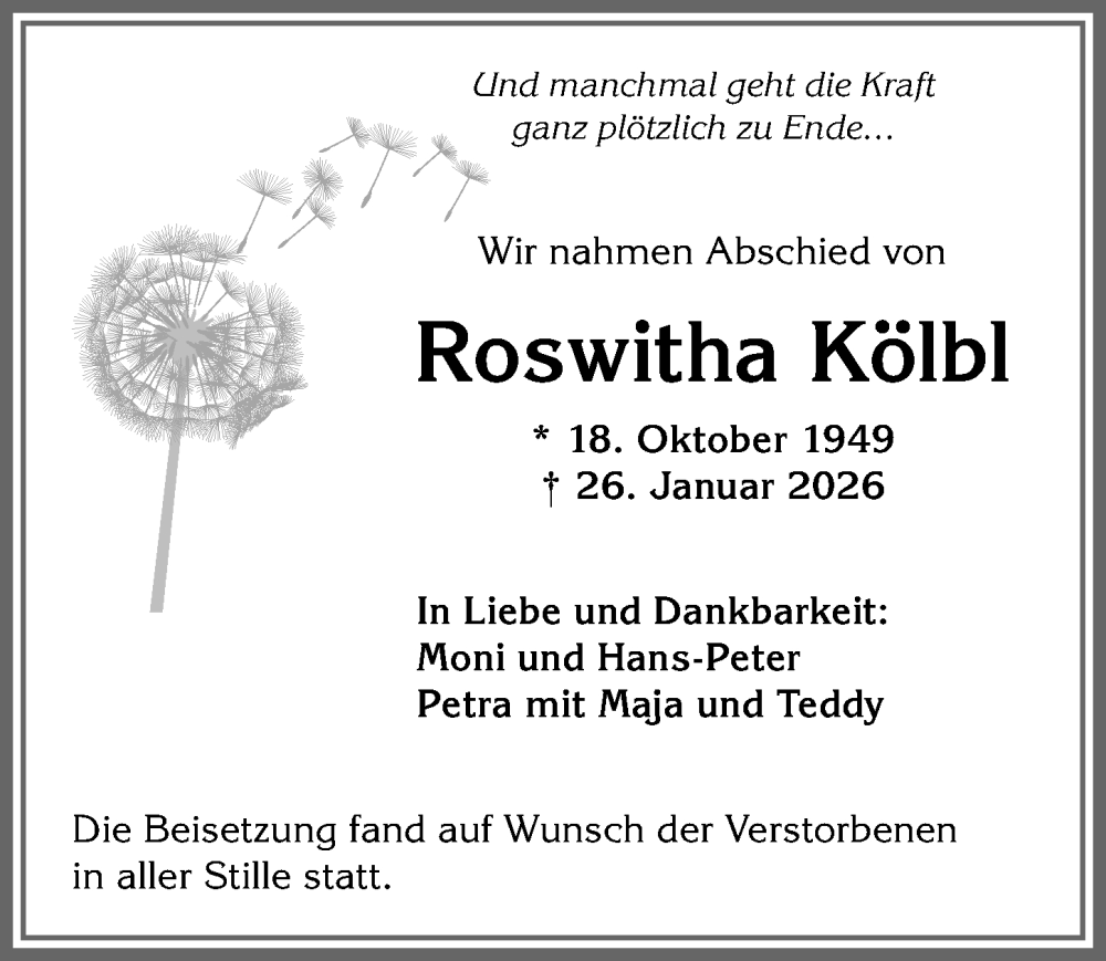 Traueranzeige von Roswitha Kölbl von Allgäuer Anzeigeblatt