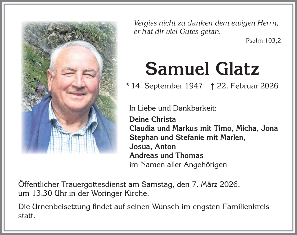 Traueranzeige von Samuel Glatz von Allgäuer Anzeigeblatt