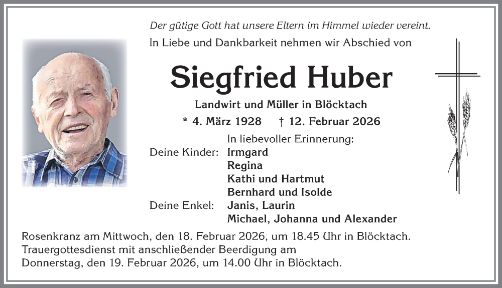 Traueranzeige von Siegfried Huber von Allgäuer Zeitung, Kaufbeuren/Buchloe