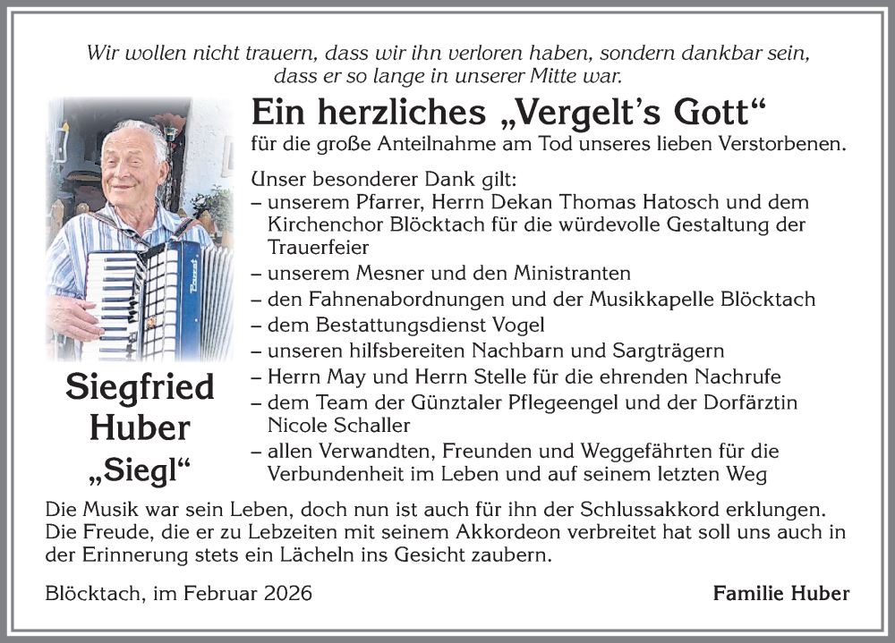 Traueranzeige von Siegfried Huber von Allgäuer Zeitung, Kaufbeuren/Buchloe