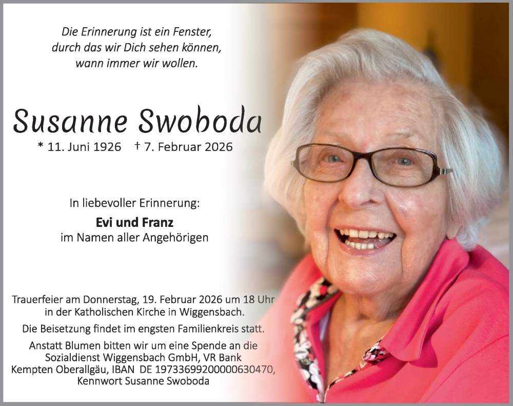 Traueranzeige von Susanne Swoboda von Allgäuer Zeitung,Kempten