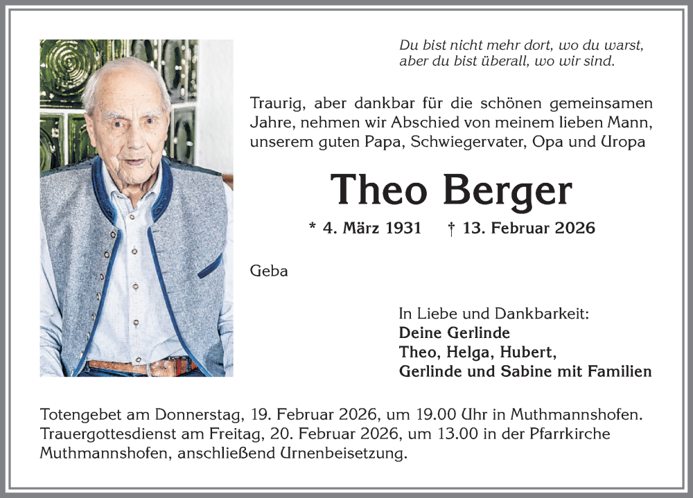 Traueranzeige von Theo Berger von Allgäuer Zeitung,Kempten