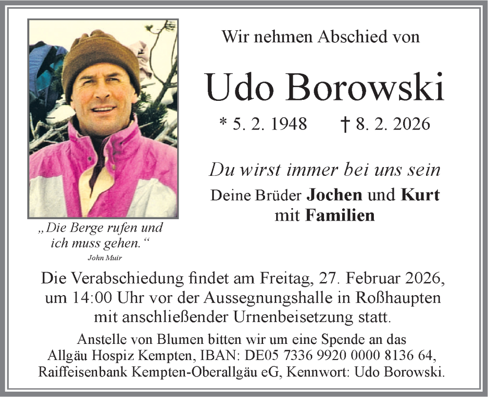 Traueranzeige von Udo Borowski von Allgäuer Zeitung, Füssen