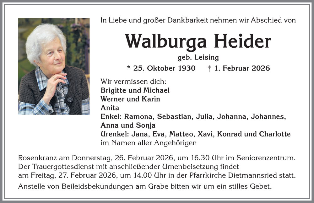 Traueranzeige von Walburga Heider von Allgäuer Zeitung,Kempten