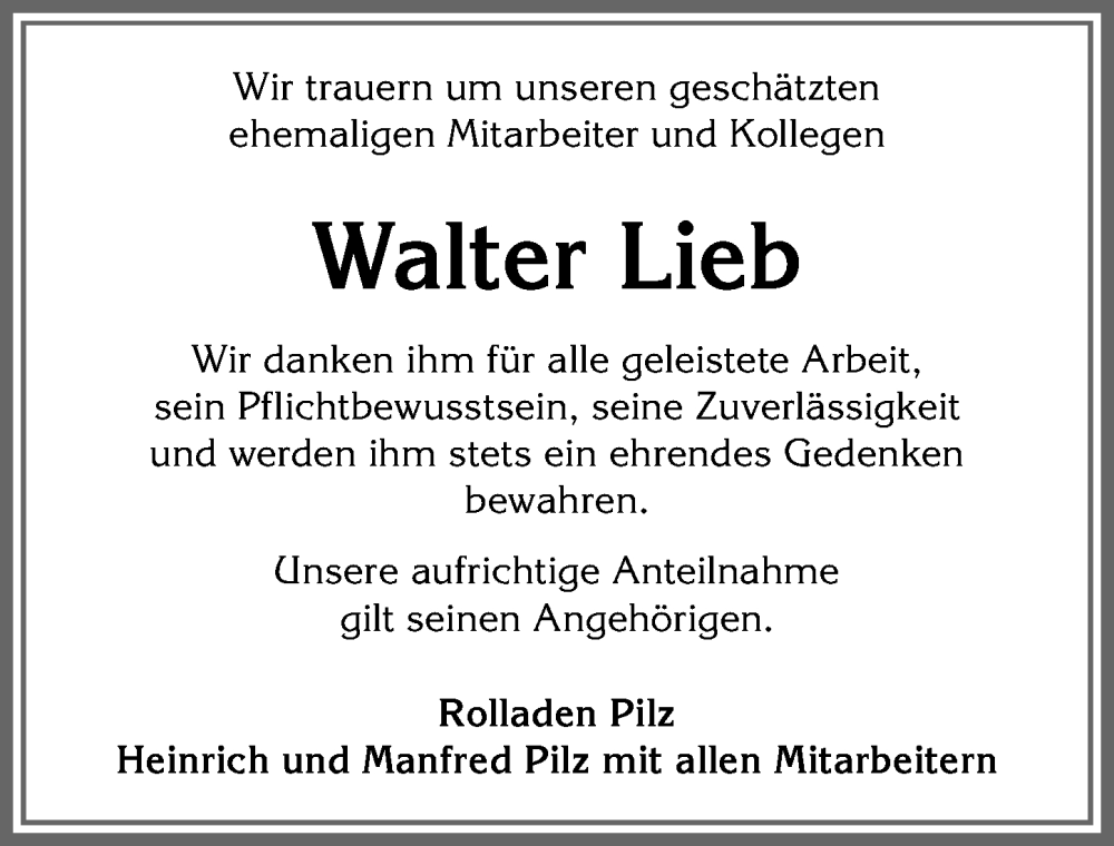 Traueranzeige von Walter Lieb von Allgäuer Zeitung, Marktoberdorf