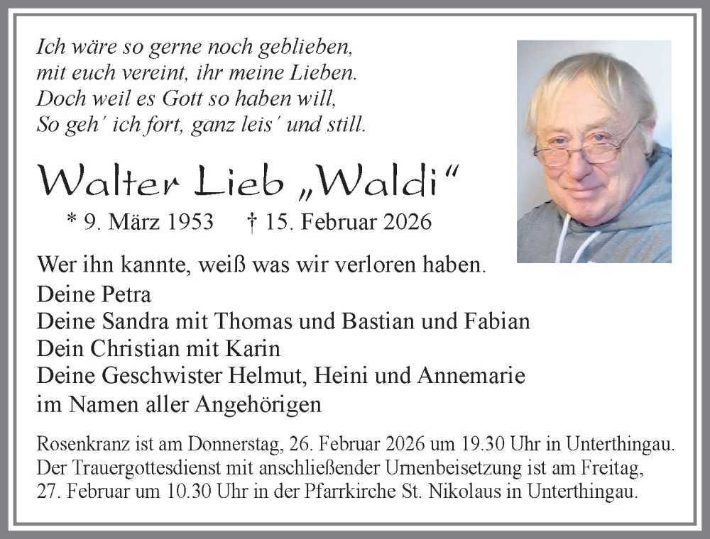 Traueranzeige von Walter Lieb von Allgäuer Zeitung, Marktoberdorf