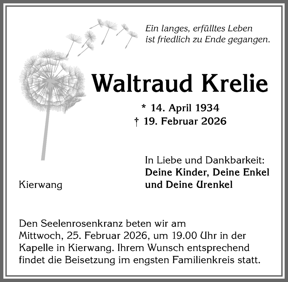 Traueranzeige von Waltraud Krelie von Allgäuer Anzeigeblatt