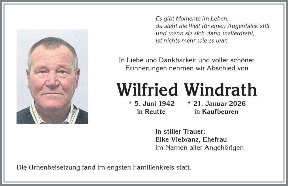 Traueranzeige von Wilfried Windrath von Allgäuer Zeitung, Kaufbeuren/Buchloe