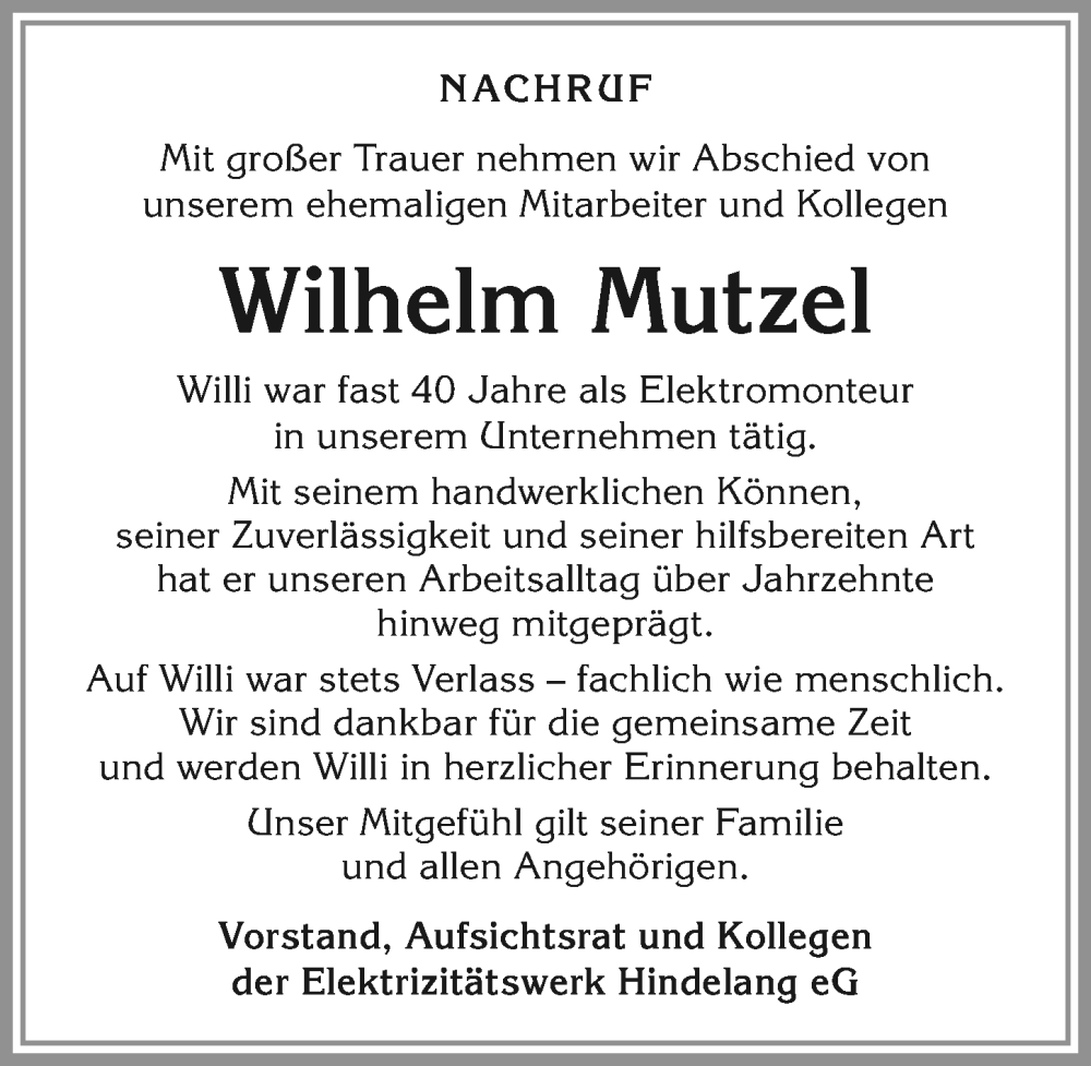 Traueranzeige von Wilhelm Mutzel von Allgäuer Anzeigeblatt