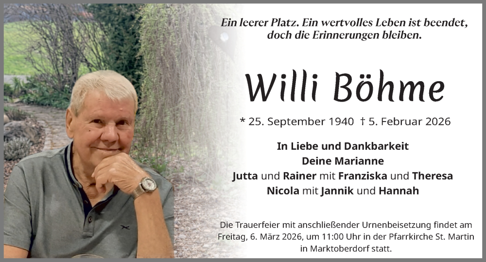 Traueranzeige von Willi Böhme von Allgäuer Zeitung, Marktoberdorf