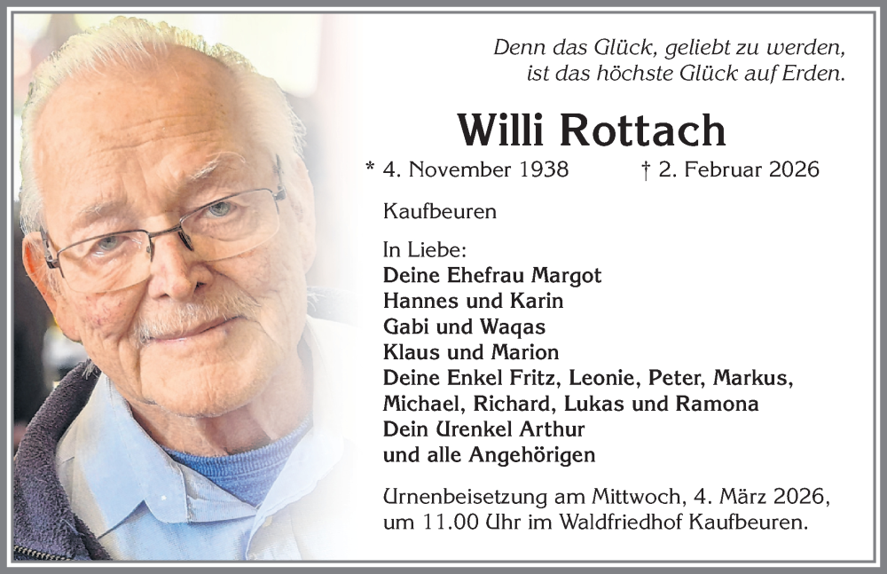Traueranzeige von Willi Rottach von Allgäuer Zeitung, Kaufbeuren/Buchloe
