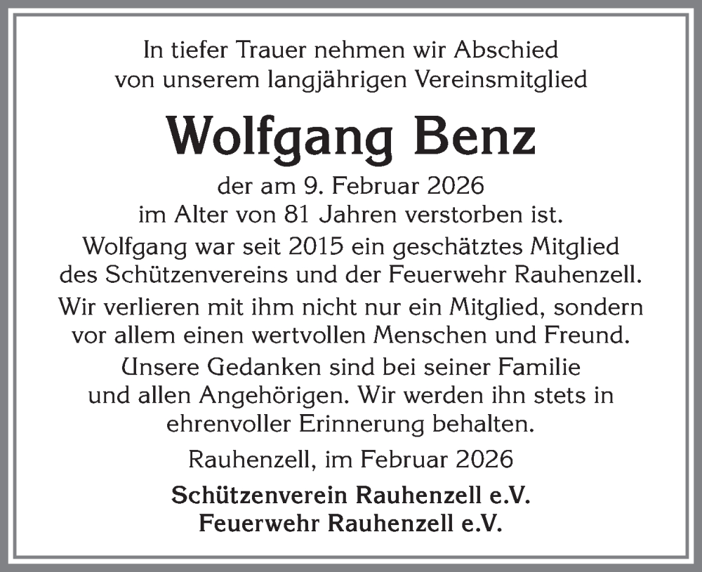 Traueranzeige von Wolfgang Benz von Allgäuer Anzeigeblatt