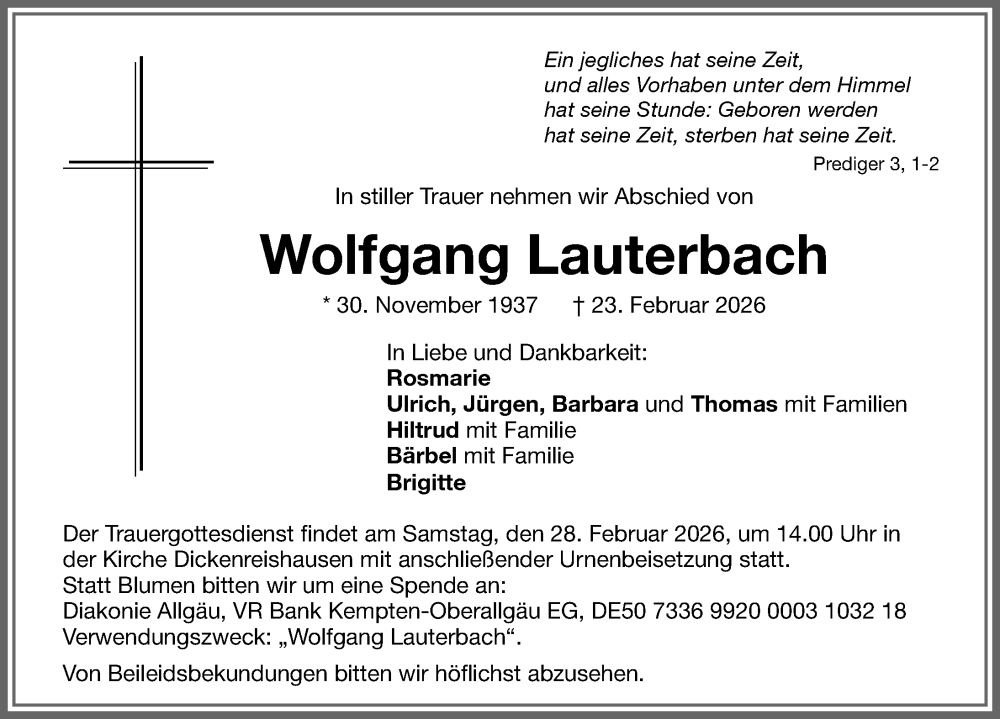 Traueranzeige von Wolfgang Lauterbach von Memminger Zeitung