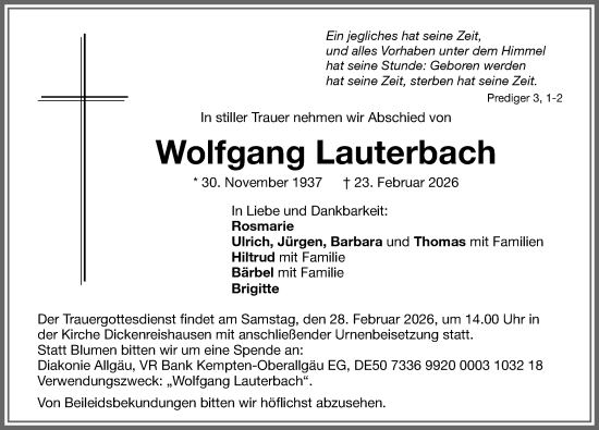 Traueranzeige von Wolfgang Lauterbach von Memminger Zeitung