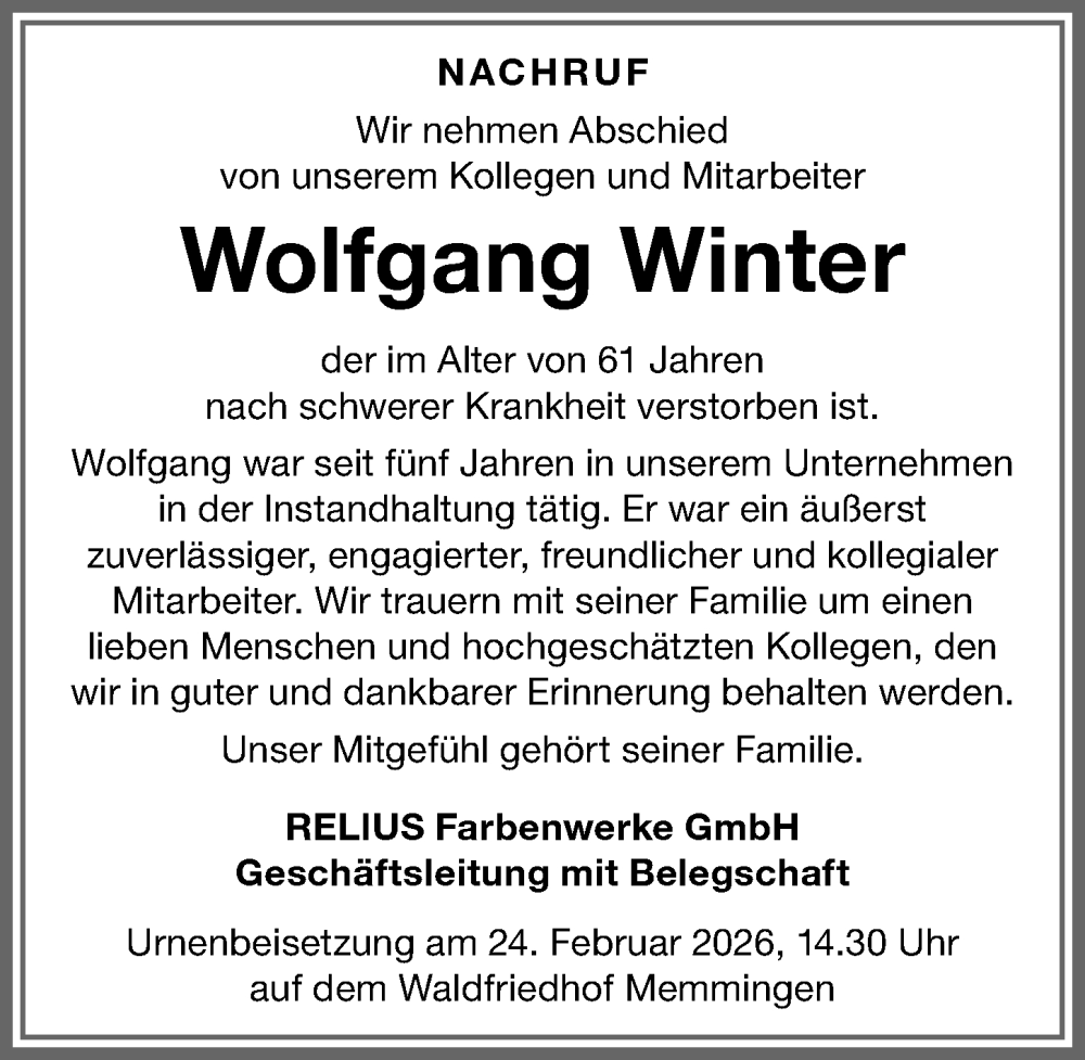 Traueranzeige von Wolfgang Winter von Memminger Zeitung