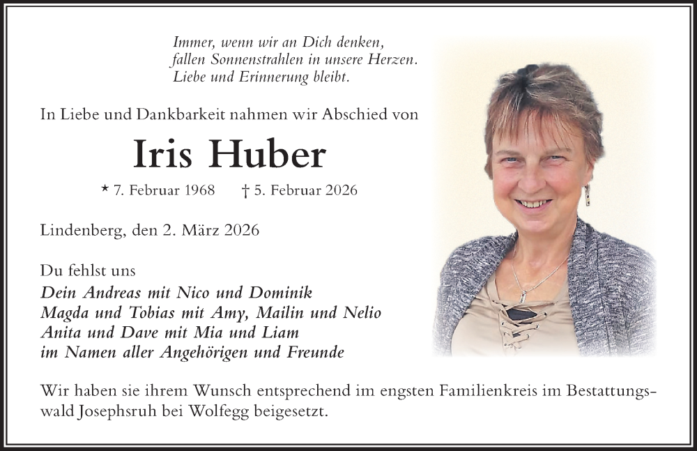 Traueranzeige von Iris Huber von Der Westallgäuer