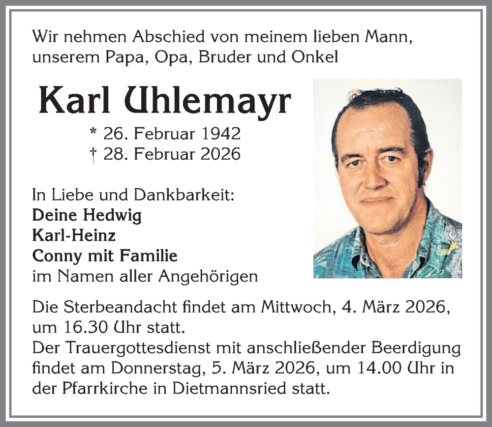 Traueranzeige von Karl Uhlemayr von Allgäuer Zeitung,Kempten