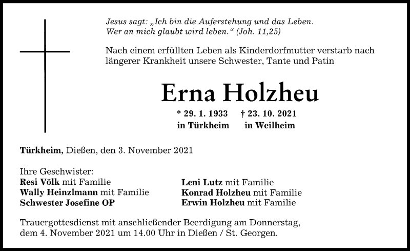 Traueranzeige von Erna Holzheu von Mindelheimer Zeitung