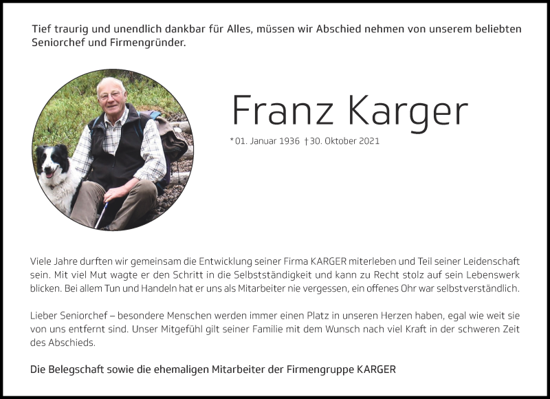  Traueranzeige für Franz Karger vom 04.11.2021 aus Memminger Zeitung