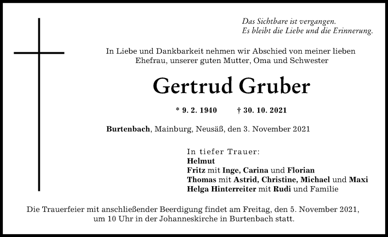 Traueranzeige von Gertrud Gruber von Günzburger Zeitung