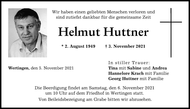 Traueranzeige von Helmut Huttner von Wertinger Zeitung