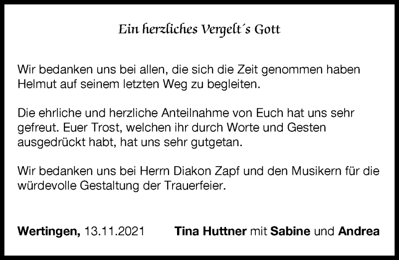 Traueranzeige von Helmut Huttner von Wertinger Zeitung