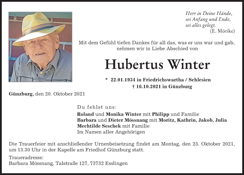 Traueranzeige von Hubertus Winter von Günzburger Zeitung