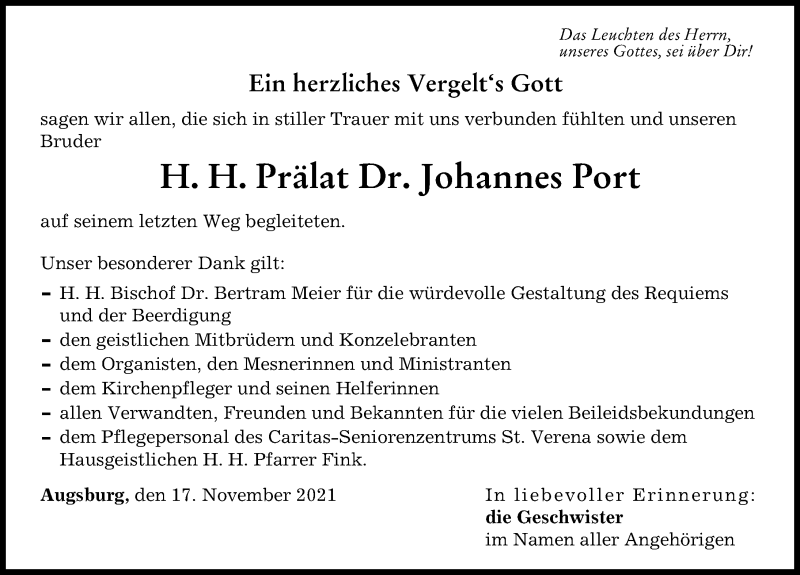 Traueranzeige von Johannes Port von Augsburger Allgemeine, Günzburger Zeitung, Schwabmünchner Allgemeine