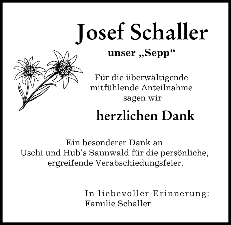 Traueranzeige von Josef Schaller von Augsburger Allgemeine