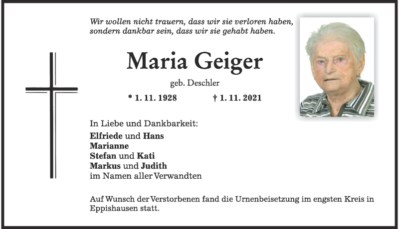 Traueranzeigen von Maria Geiger | Augsburger Allgemeine Zeitung
